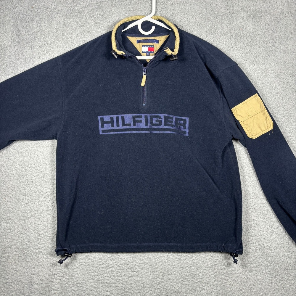 Tommy Hilfiger Vintage Mens XL Navy Blue Quarter Zip Fleece Pullover Logo Pocket